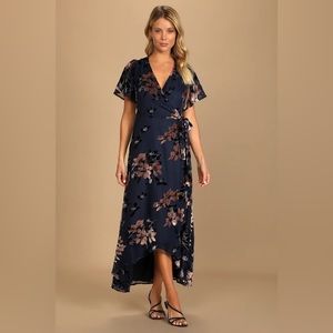 EUC Lulu’s Size Medium Navy Blue Velvet Wrap Maxi Dress